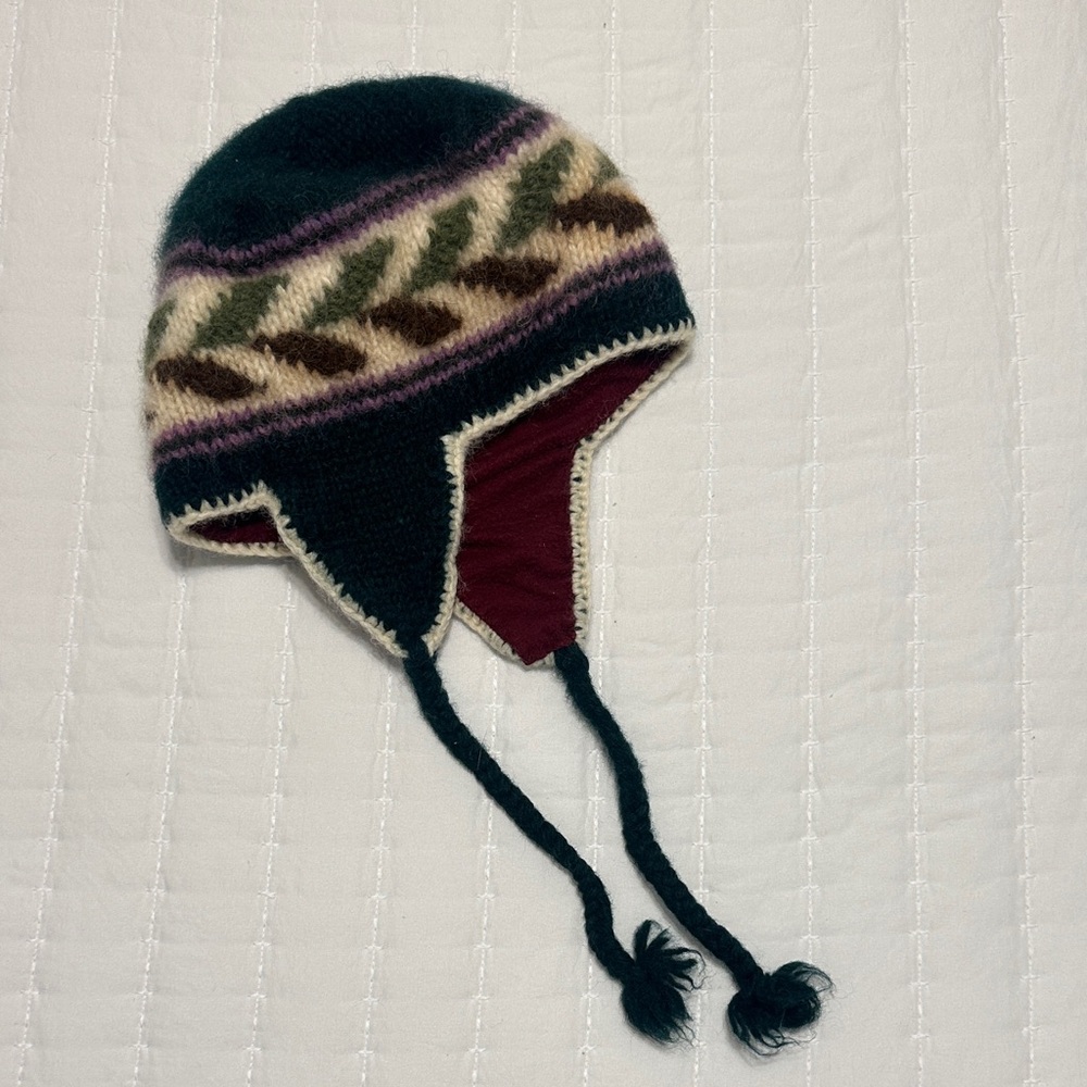 Ganesh Himal 100% Wool Earflap Hat Hand Knit In Nepal Fleece Lined Fair Isle